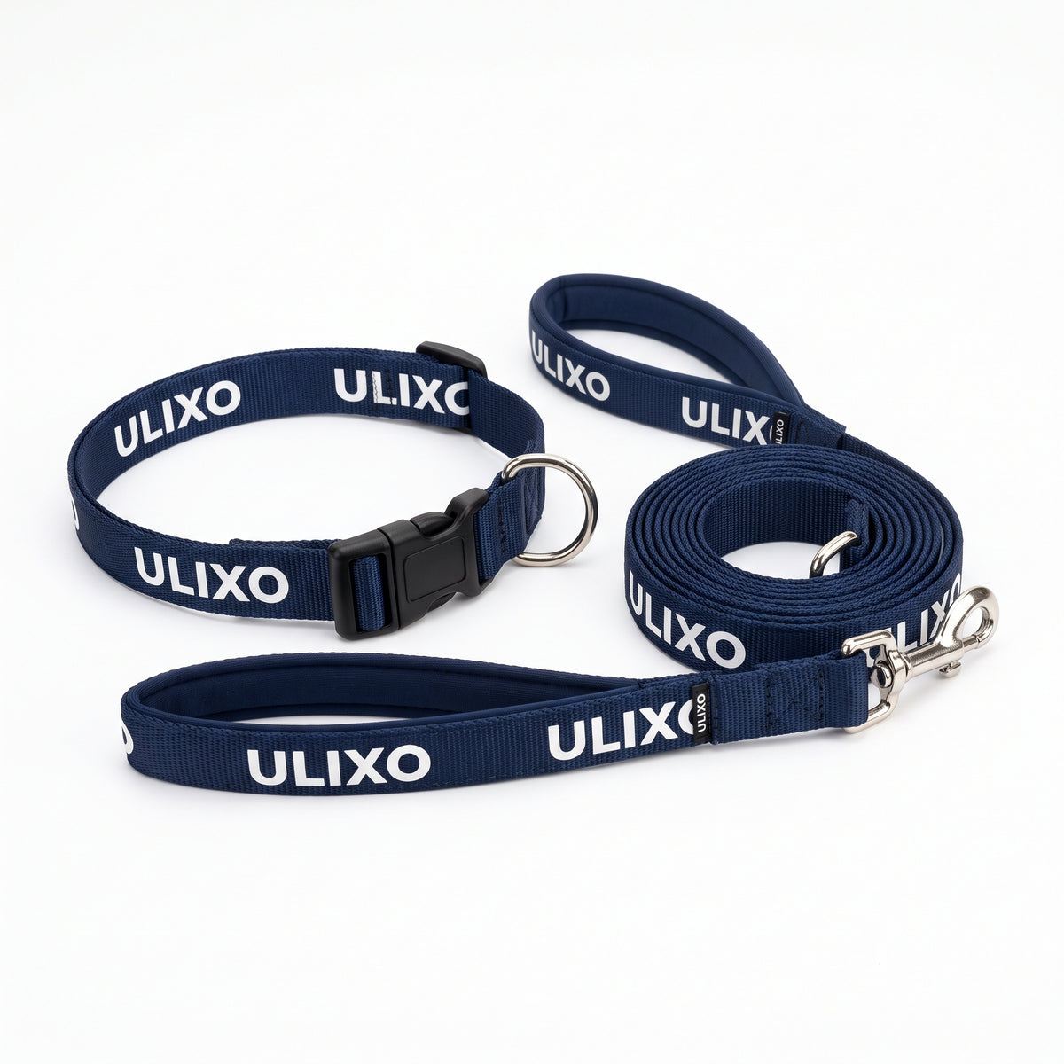 Exclusive Ulixo VIP Collar and Leash Set in navy with white ULIXO print