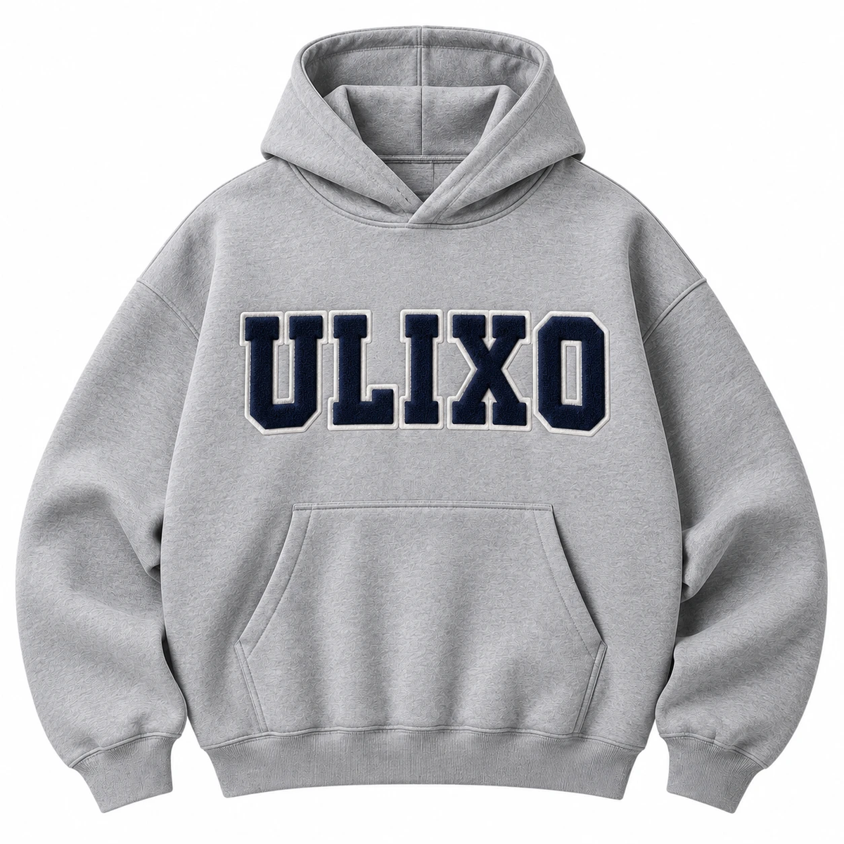 Exclusive Ulixo VIP Hoodie in heather grey with navy and white chenille varsity ULIXO patch across the chest