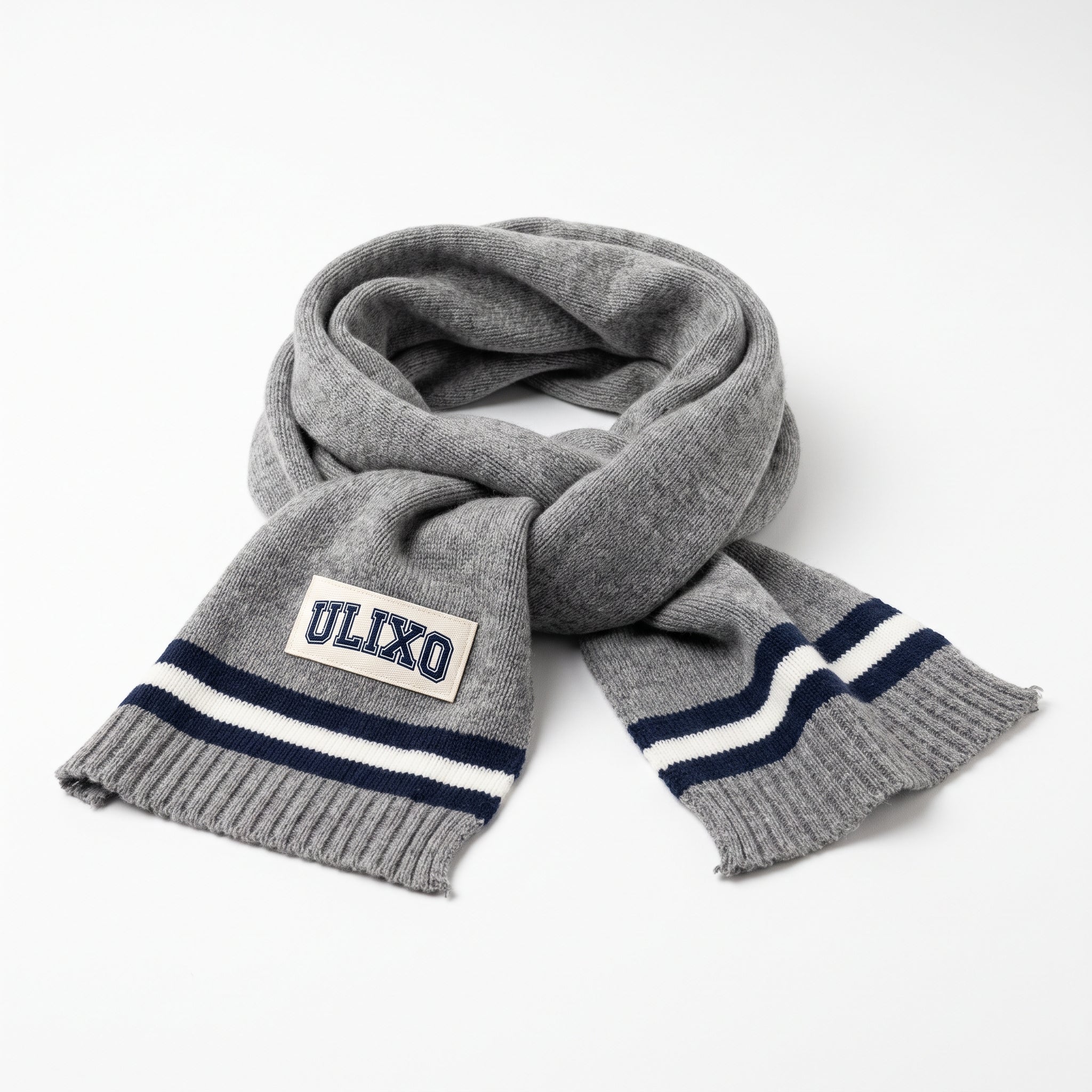 Exclusive Ulixo VIP Knit Scarf in heather grey with varsity stripes and ULIXO patch