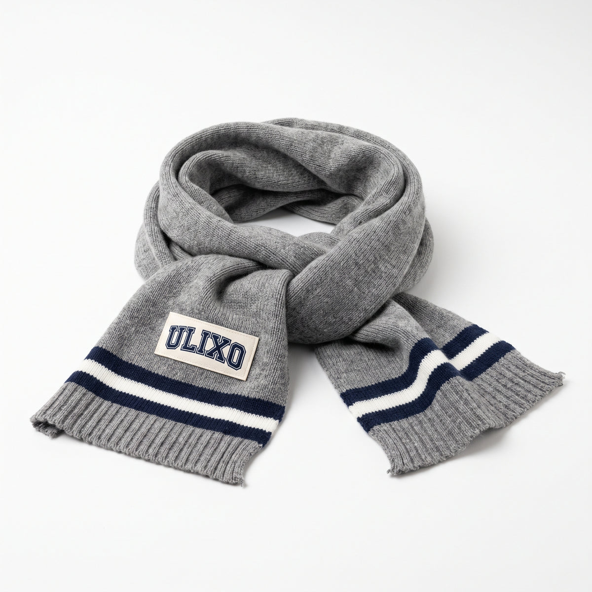 Exclusive Ulixo VIP Knit Scarf in heather grey with varsity stripes and ULIXO patch