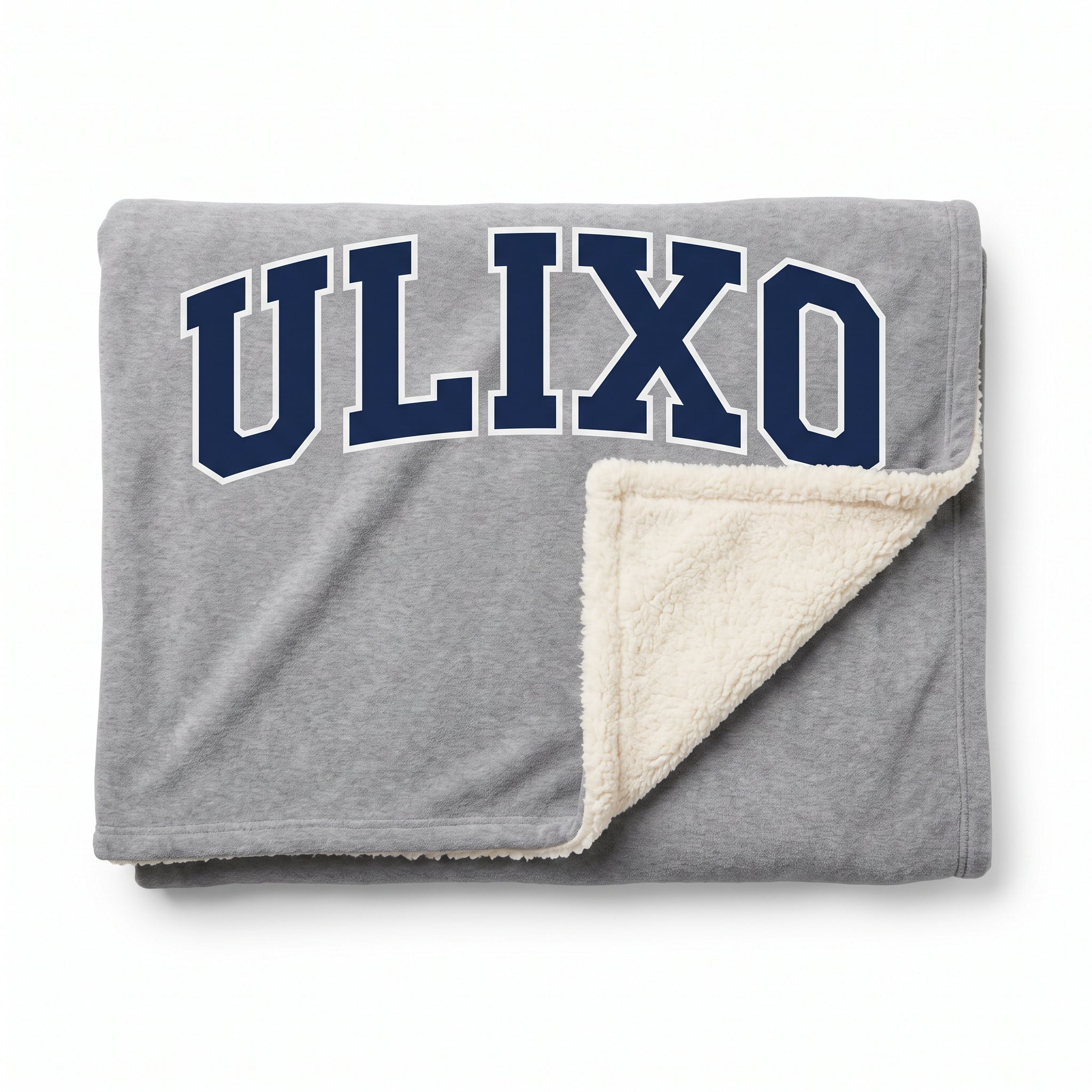 Exclusive Ulixo VIP Sherpa Blanket in heather grey with ULIXO varsity print