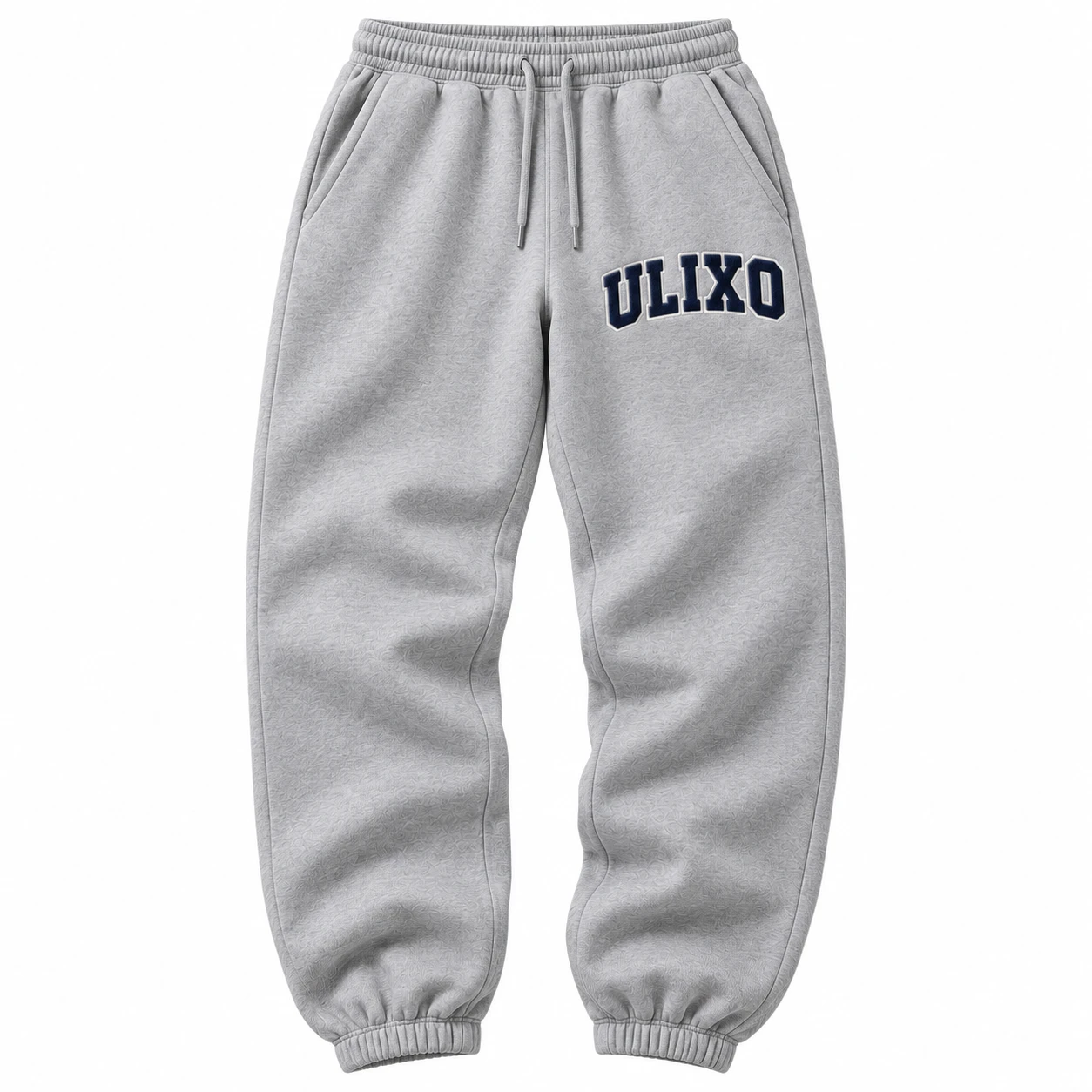 Exclusive Ulixo VIP Sweatpants in heather grey with arched navy and white ULIXO varsity patch on the thigh