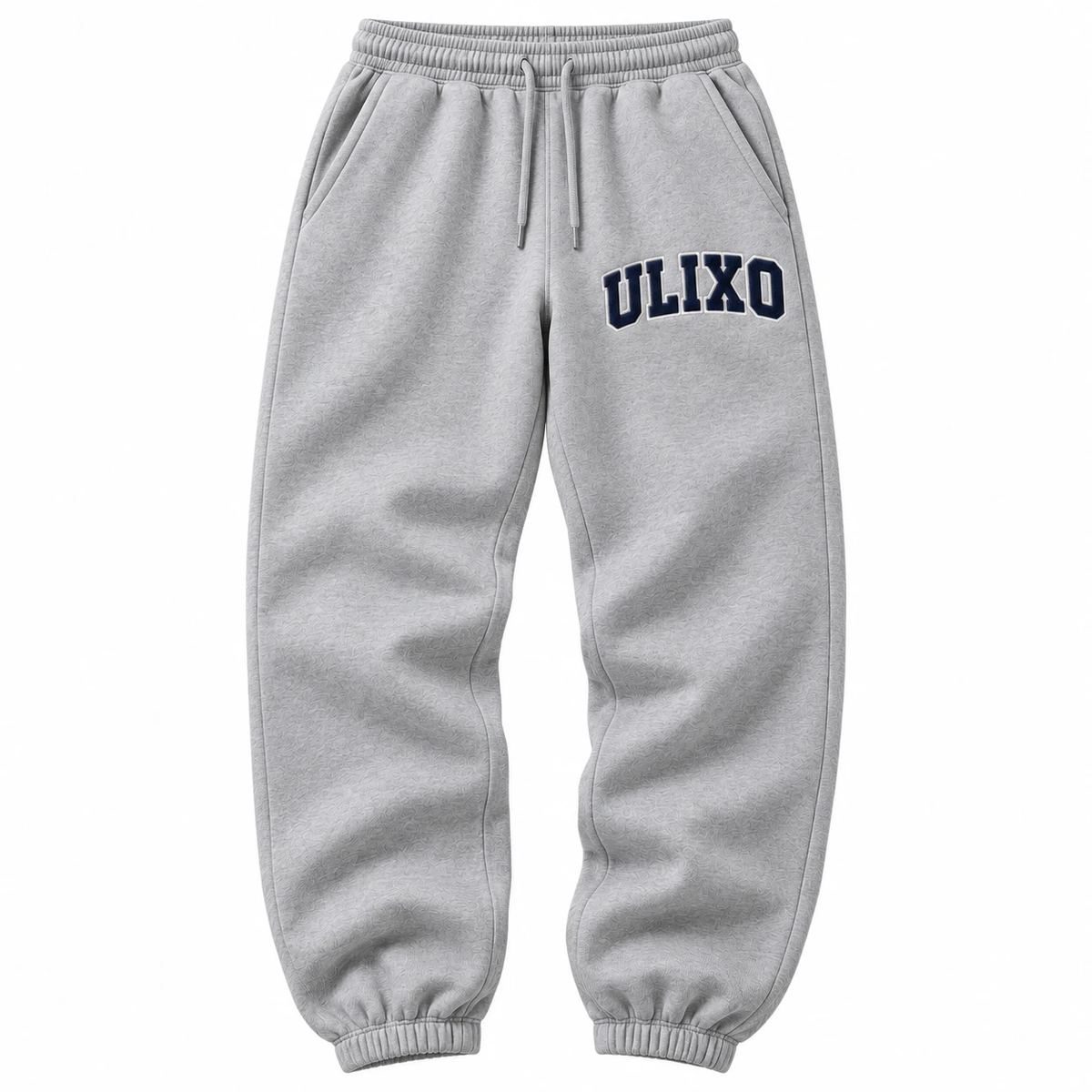 Exclusive Ulixo VIP Sweatpants in heather grey with arched navy and white ULIXO varsity patch on the thigh